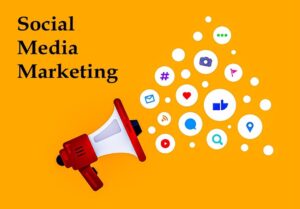 Social Media Marketing orange Hintergrund und Social Media Buttons